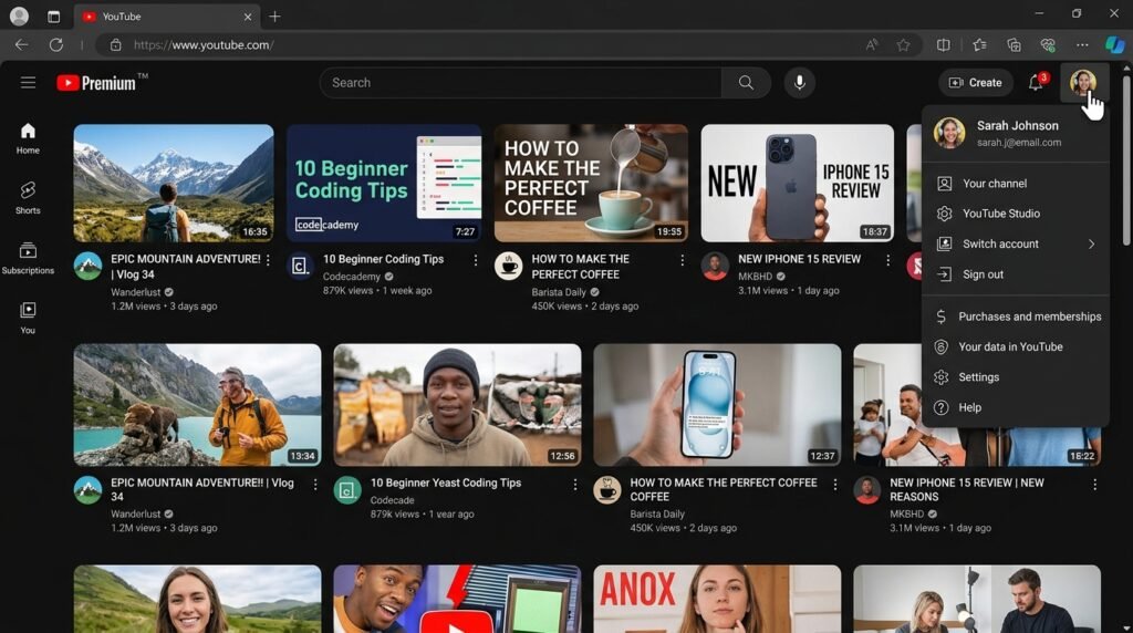Screenshot-style image showing YouTube homepage with cursor hovering over profile icon